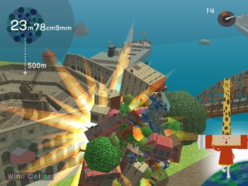 Screenshot from the video game We Love Katamari showing a colorful scene where a character rolls a large ball that collects various objects, with an in-game measurement of 23.78cm on display and a stylized sunburst effect indicating growth of the ball.