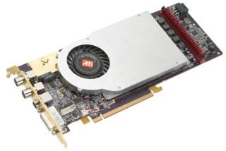 ATI All-in-Wonder X1900 graphics card with red ATI logo on a cooling fan, multiple output connectors, and a silver cover.