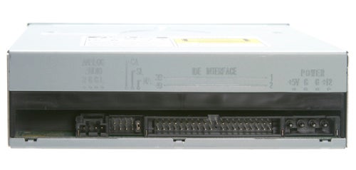 Asus DRW-1608P2S DVD burner showing rear interface connections and model information label.
