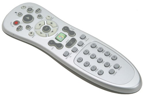 Silver Hi-Grade µDMS P60 remote control with multiple buttons, including navigation and media control, displayed on a white background.