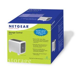 Netgear Storage Central SC101 packaging box with product image and information highlights.