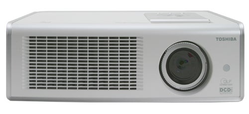 A Toshiba TDP-MT700 HD projector with a prominent front vent grill and lens on the right side, displaying control buttons on the top right and the Toshiba logo on the lower left section.