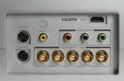 Back panel of Toshiba TDP-MT700 HD Projector showing various input ports including HDMI, S-Video, and two sets of component video inputs.
