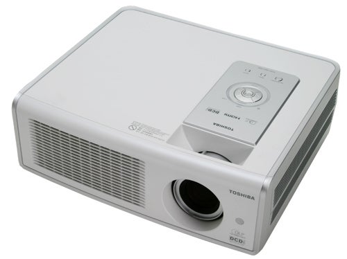 Toshiba TDP-MT700 HD Projector on a white background, highlighting its rectangular design, lens on the left, control buttons on top, and the Toshiba logo on the right side.