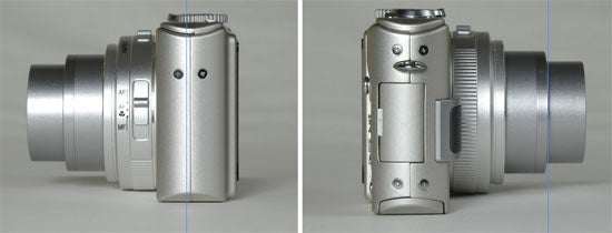 Two side-by-side images of a Panasonic Lumix DMC-LX1 digital camera, displaying the left and right sides of the camera body, each image showcasing various buttons and connection ports.