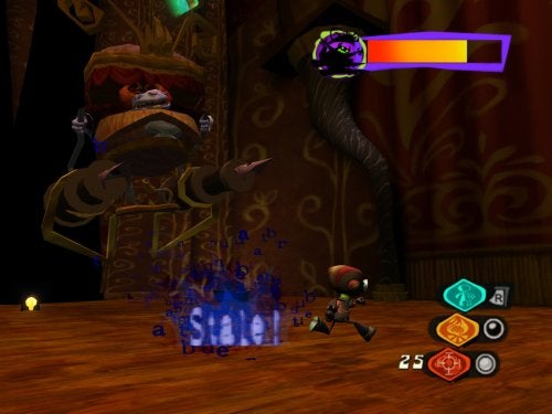Screenshot from the video game Psychonauts showing a character using psychic powers to battle an enemy in a whimsically designed environment with an on-screen display indicating health and ability status.