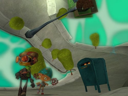 Screenshot from the video game Psychonauts showing the main character Razputin Aquato in a whimsical and stylized environment with oversized green trees and a character resembling a blue mailbox with eyes.
