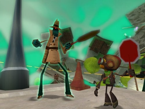 Screenshot from the video game Psychonauts featuring characters Agent Sasha Nein and Razputin Aquato in a stylized virtual environment with abstract structures and a greenish hue.