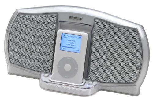 Acoustic Authority iRhythms iPod speaker dock featuring a silver futuristic design with dual speakers flanking a central docked iPod.