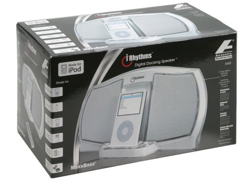 Acoustic Authority iRhythms digital docking speaker system packaging, featuring an iPod dock and MaxxBass technology, with product information and branding visible.