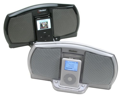 Acoustic Authority iRhythms iPod Speaker Dock with an iPod inserted, featuring a silver and black design with dual speakers flanking a central digital display.