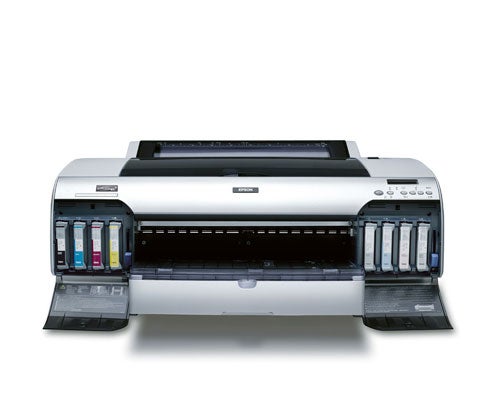 Epson Stylus Pro 4800 professional inkjet printer with open front compartment showing ink cartridges.