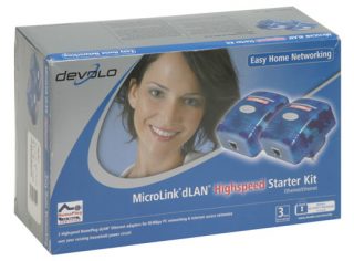 Devolo MicroLink dLAN Highspeed Starter Kit packaging box featuring a smiling woman and images of two blue powerline Ethernet adapters.