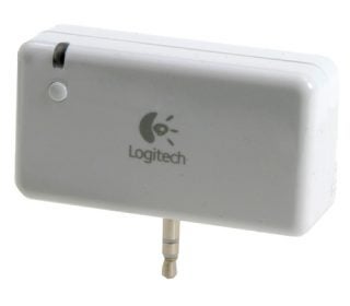 Logitech Wireless Music System receiver with a 3.5mm plug and Logitech branding on the casing.