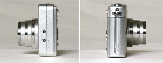 Two side-by-side views of the Pentax Optio S6 digital camera, showing the left and right profiles of the camera with the lens retracted.