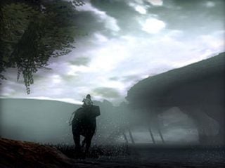 Screenshot from the video game Shadow of the Colossus showing the protagonist riding a horse towards a large creature in a misty landscape.