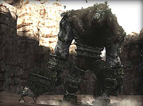 A screenshot from the video game Shadow of the Colossus showing a player character standing before a massive, beast-like colossus.
