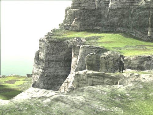 Screenshot of gameplay from Shadow of the Colossus showing a character standing on a cliff with expansive rocky terrain and grass in the foreground.