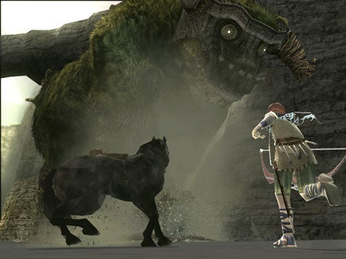 Screenshot from the video game Shadow of the Colossus showing the main character on horseback in front of a large colossus.