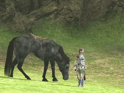 Screenshot from the video game Shadow of the Colossus showing the main character, Wander, standing next to his horse Agro on a grassy terrain with a rocky backdrop.