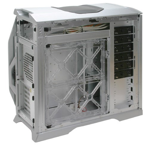 Cooler Master CM Stacker 830 computer case shown with side panel open, revealing internal structure and drive bays.