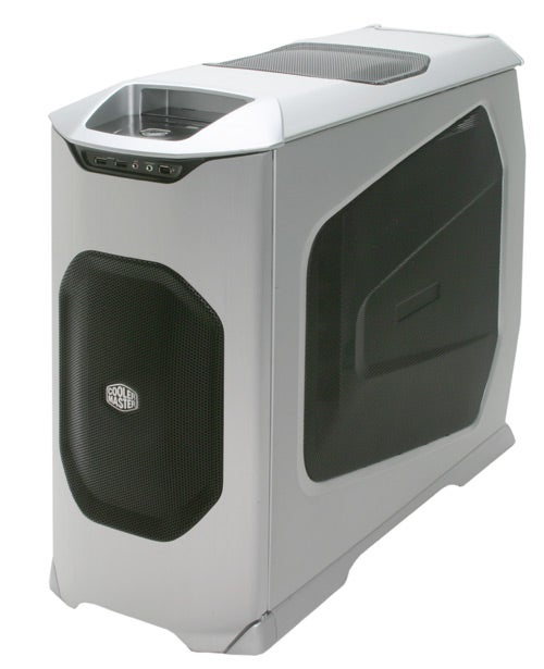 Cooler Master CM Stacker 830 silver computer case with a prominent front mesh grille and clear side panel.