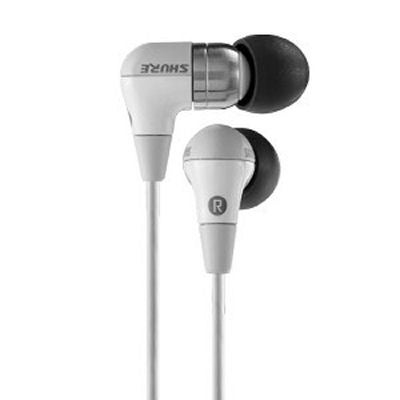 Shure e4c Sound Isolating Earphones with black foam tips against a white background.
