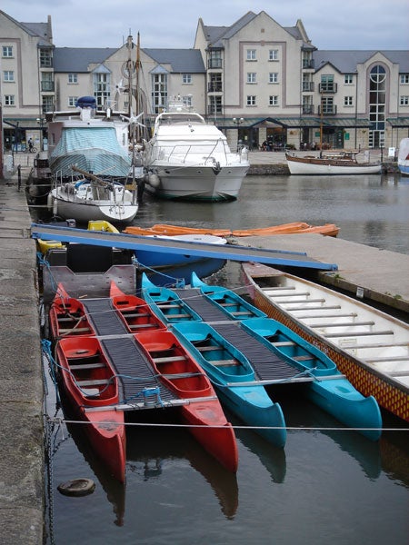 Kayaks lined up by the water's edge with boats in the background.