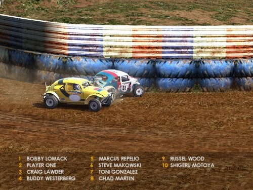 In-game screenshot of TOCA Race Driver 3 showing a yellow and a red race car competing on a dirt track with a list of player names and positions on the left side of the image.