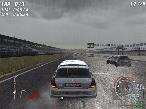 In-game screenshot from TOCA Race Driver 3 video game showing a racing scene with a player-controlled car in the foreground on a rainy track, competing against other cars, with the player in 17th place out of 20. The dashboard displays include speedometer, gear indicator, lap time, and mini-map.
