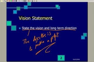 Screenshot of a presentation slide created with JustWrite Office 4.2 showing a 'Vision Statement' with annotations and a signature in digital ink.