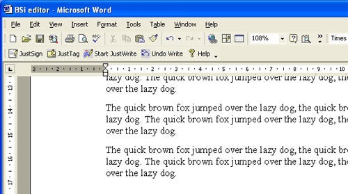 Screenshot of Microsoft Word with JustWrite Office 4.2 toolbar displaying text 