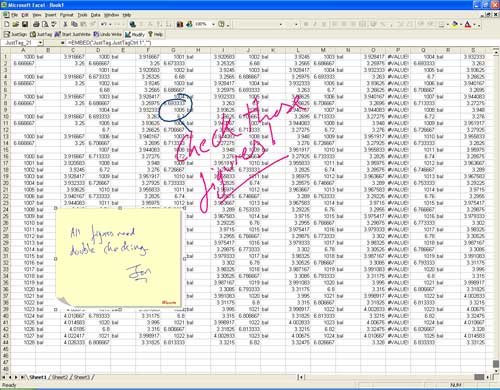 Screenshot of a spreadsheet in Microsoft Excel with a large table of numerical data and multiple cells displaying the text 