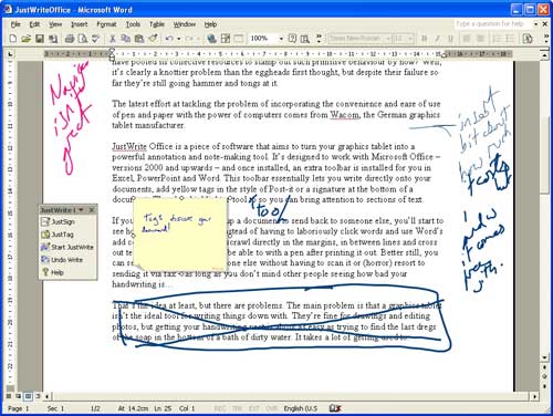 Screenshot of JustWrite Office 4.2 word processor interface with multiple handwritten annotations and comments on a text document.