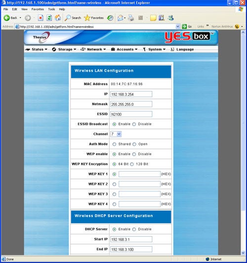 Screenshot of the Thecus YES box N2100's web interface displaying the Wireless LAN Configuration settings in a browser window. The settings include MAC address, IP, Netmask, ESSID, ESSID Broadcast, Channel, Auth Mode, and WEP encryption options, along with a section for Wireless DHCP Server Configuration at the bottom.