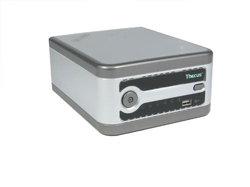 Thecus YES Box N2100 Network Attached Storage device on a plain background, showing front panel with power button, indicator lights, and USB ports.