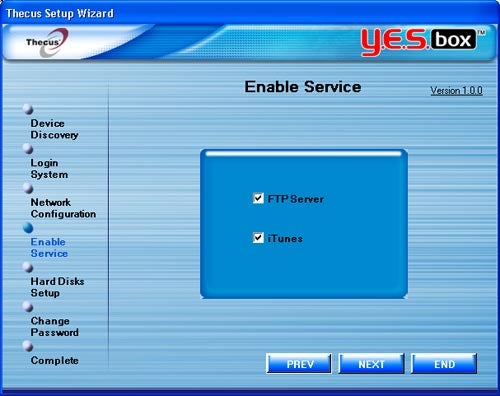 Screenshot of the Thecus Setup Wizard interface for the YES box N2100 showing the 'Enable Service' step with options for FTP Server and iTunes selected.