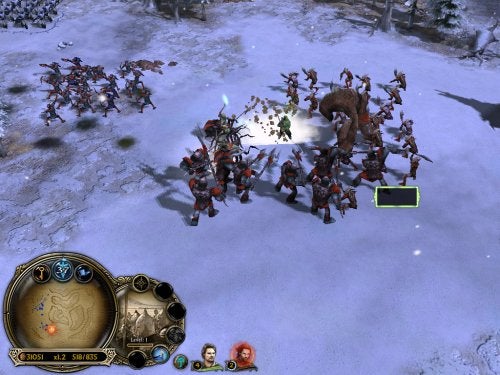 A screenshot from the video game Lord of the Rings: Battle for Middle Earth II, depicting a battle scene with various fantasy units engaging in combat on a snowy terrain, with game interface elements visible, such as a minimap, resource counts, and character avatars.