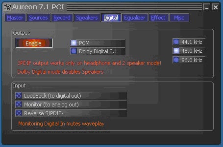 Screenshot of the Terratec Aureon 7.1 PCI sound card software interface showing various settings including output options with an 'Enable' checkbox, PCM and Dolby Digital 5.1 selection, and sample rates, as well as input options such as 'LoopBack to digital out' and 'Monitor to analog out'.