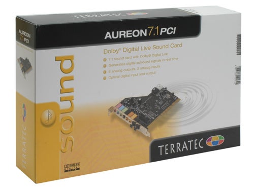 The image shows the packaging box of the Terratec Aureon 7.1 PCI Sound Card featuring Dolby Digital Live Sound technology and various input and output options.