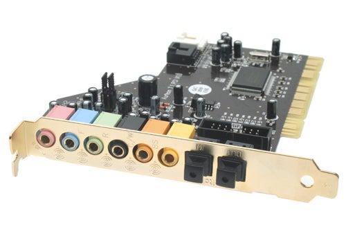 Terratec Aureon 7.1 PCI sound card with multiple color-coded jacks and integrated circuits on a white background.