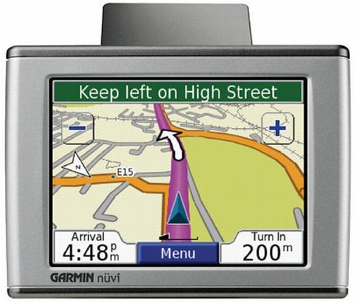 Garmin nuvi 350 GPS navigator displaying a map with directions, indicating 'Keep left on High Street', with an estimated arrival time of 4:48 PM.