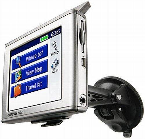 Garmin nuvi 350 GPS navigator with suction cup mount, showing the main menu with 'Where to?', 'View Map', and 'Travel Kit' options on the display.