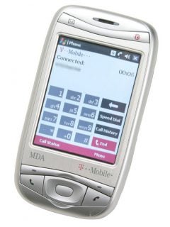 T-Mobile MDA Vario smartphone with touchscreen display showing the phone interface with T-Mobile branding and signal indicator, featuring call status, speed dial, and menu options.