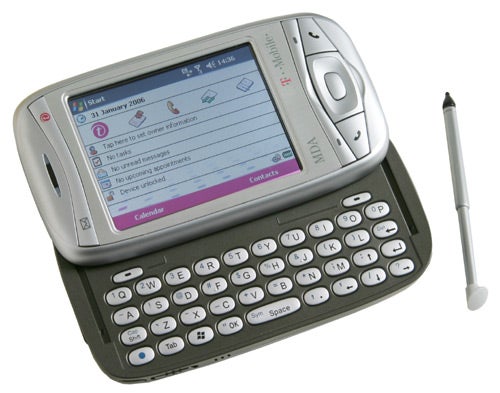 T-Mobile MDA Vario smartphone with a slide-out QWERTY keyboard and stylus, displaying the calendar application on screen.