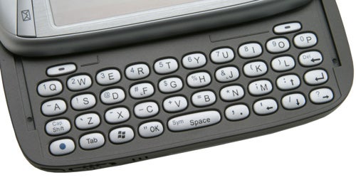 Close-up of the T-Mobile MDA Vario showing its slide-out QWERTY keyboard and part of the screen.