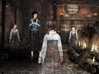Screenshot from Project Zero 3 game featuring a character and ghosts.