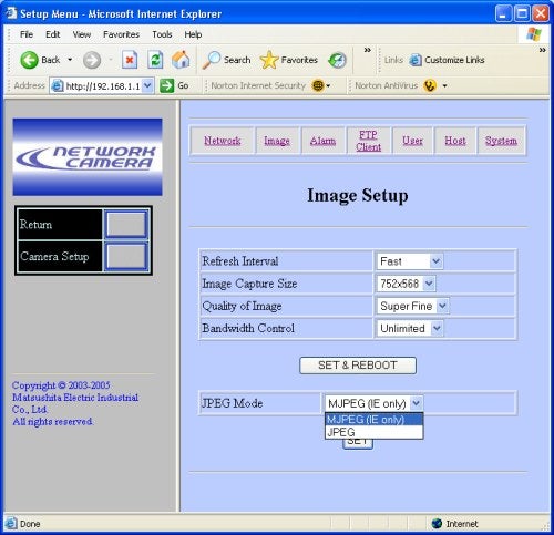 Screenshot of Panasonic WV-NP472E network camera setup menu in a web browser showing image settings such as refresh interval, image capture size, image quality, and bandwidth control options with JPEG mode selection.