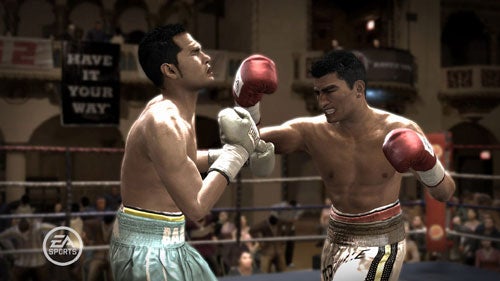 Screenshot from the video game Fight Night Round 3 showing two boxers in the ring with one throwing a punch at the other.