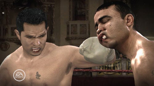 In-game screenshot from Fight Night Round 3 showing two boxers in a ring, with one boxer landing a punch on the opponent's face, featuring detailed graphics and the EA Sports logo in the corner.